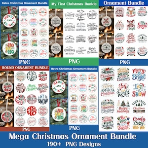 Puede incluir: Una colección de diseños de adornos navideños. La imagen muestra adornos redondos con frases festivas como "Merry & Bright" y "Happy Holidays". El paquete incluye más de 190 diseños PNG.