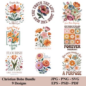 Può includere: Un pacchetto Christian Boho con nove design con illustrazioni floreali e citazioni ispiratrici. I design includono frasi come "Considera come", "Per sempre" e "Uno scopo". Il pacchetto include formati JPG, PNG, SVG, EPS, PSD e PDF.