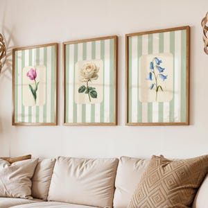 Sage Striped Floral Art Prints Set Of 3 | Cottagecore Botanical Prints | Floral Wall Art | girl room art | Watercolor Floral Art | Cute