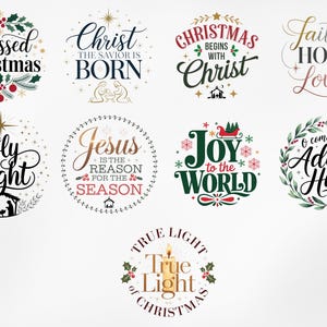 May include: A collection of ten Christmas-themed illustrations with various religious and secular messages. The illustrations feature a variety of colors, including red, green, gold, and white. The illustrations are set against a white background.