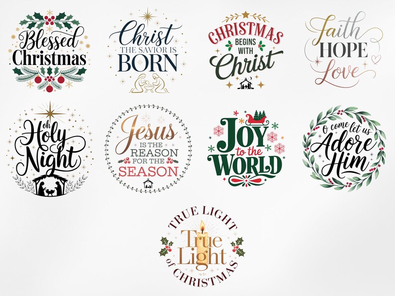 May include: A collection of ten Christmas-themed illustrations with various religious and secular messages. The illustrations feature a variety of colors, including red, green, gold, and white. The illustrations are set against a white background.