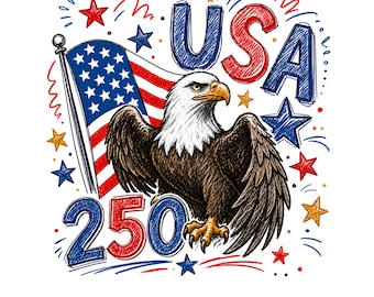 May include: A patriotic design featuring a bald eagle with outstretched wings, the American flag, and the text "USA 250" in red and blue. Stars and decorative elements surround the central image, celebrating the nation's anniversary.