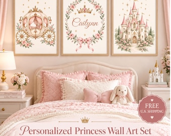 Personalized Princess Wall Art Set, Custom Name, Castle Carriage, Floral Nursery Decor