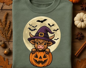 Highland Cow Halloween PNG SVG | Witch Hat Pumpkin Clipart Shirts Sublimation Cricut Design