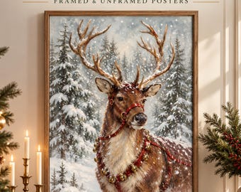 Winters Noble Reindeer Wall Art, Snowy Forest Decor, Rustic Christmas Picture, Holiday Wildlife