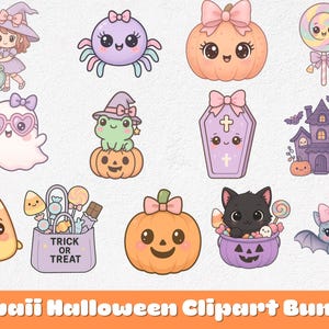 Könnte beinhalten: Kawaii Halloween Clipart-Bundle mit verschiedenen Figuren und Objekten. Enthält eine Hexe, Spinne, Kürbis, Lutscher, Geist, Frosch, Sarg, Spukhaus, Maisbonbon, Trick-or-Treat-Tasche, schwarze Katze und Fledermaus.
