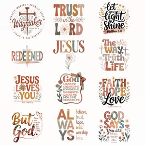 Op de afbeelding: Een verzameling van twaalf inspirerende ontwerpen met tekst en bloemaccenten. Zinnen zijn onder meer "Waymaker", "Trust in the Lord", "Jesus Loves You" en "God Says You are". Het kleurenpalet bevat warme tinten.