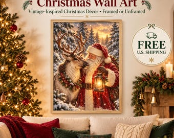 Vintage Santa Winter Forest Wall Art, Reindeer Portrait, Rustic Christmas Decor, Festive Artwork