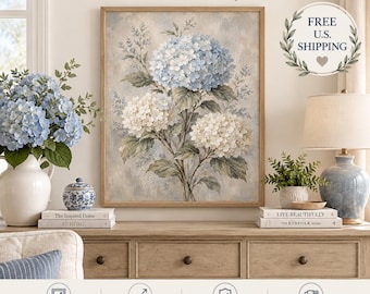 Hydrangea Wall Art in Soft Blue Cream, Vintage Floral Print, Botanical Home Decor