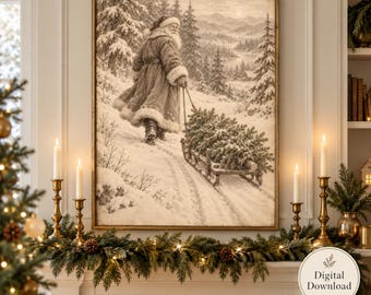 Bringing Christmas Home Digital Wall Art, Vintage Santa Printable, Sepia Winter Decor