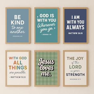 Boys Christian Wall Art Set | Bible Verse Prints for Kids Room | Set of 6 Scripture Nursery Decor | Modern Faith-Based Prints | playroom