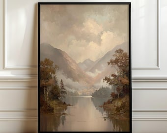 Impresión artística vintage de montaña, valle y lago, paisaje de montaña retro, decoración rústica de cabaña, arte mural natural, decoración de casa de lago