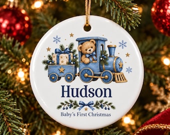 Teddy Bear Train First Christmas Ornament, Personalized Baby Name, Blue Nursery Keepsake
