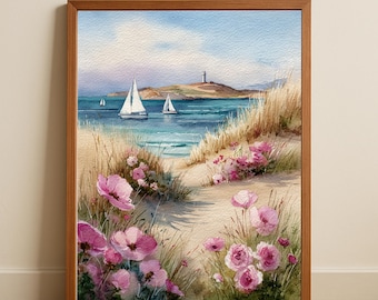 Coastal Sailboats Watercolor, Lighthouse & Pink Wildflowers – Beach Seascape Printable Wall Art, Nautical Digital Download