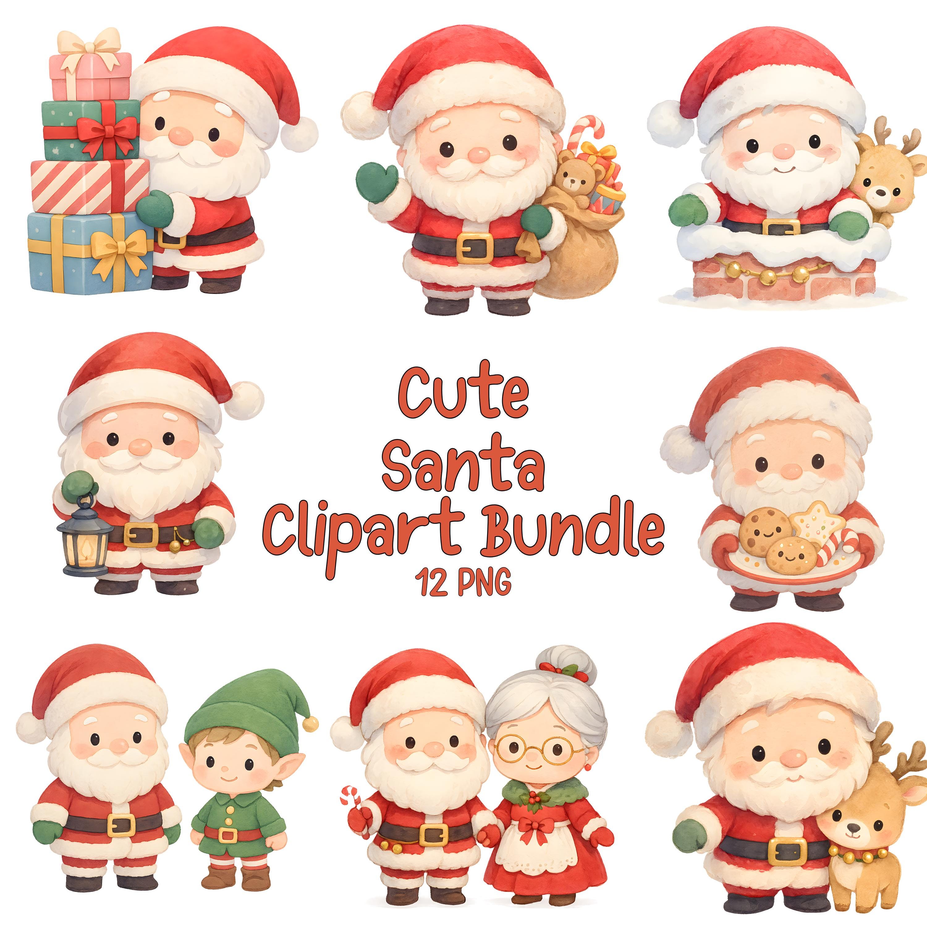 Santa Clipart Bundle – 12 Cute Watercolor Pngs, Christmas Santa With ...