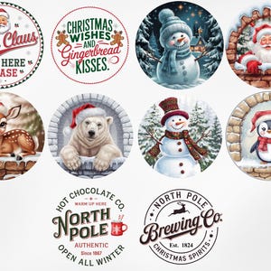 May include: A set of eight round Christmas-themed coasters featuring various winter holiday characters and designs. The coasters include a snowman, a penguin, a deer, a polar bear, Santa Claus, and a Christmas-themed logo.