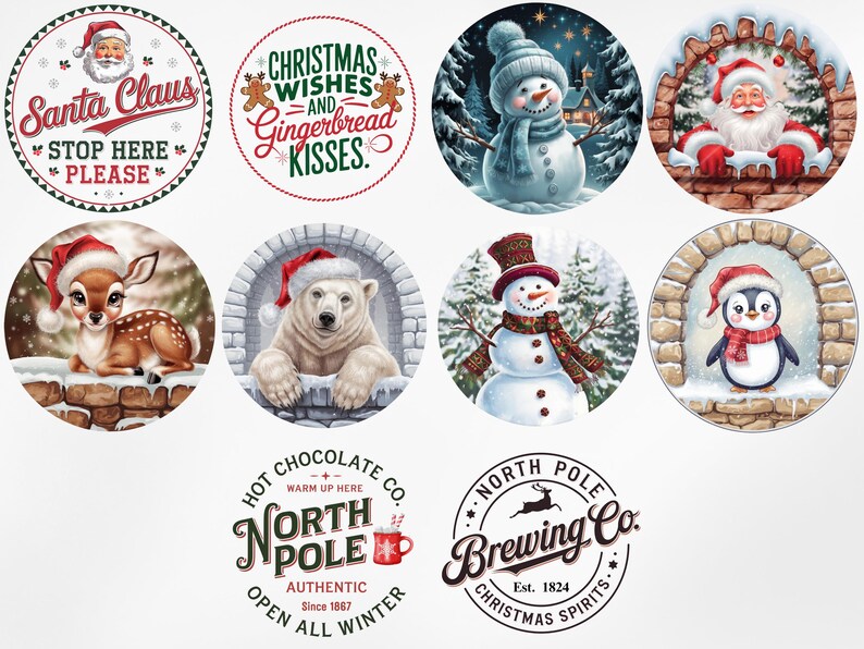 May include: A set of eight round Christmas-themed coasters featuring various winter holiday characters and designs. The coasters include a snowman, a penguin, a deer, a polar bear, Santa Claus, and a Christmas-themed logo.