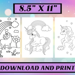 May include: Three black and white unicorn coloring pages. Each page features a different unicorn design with rainbows, clouds, and stars. The pages are 21.6 cm x 27.9 cm and the text "DOWNLOAD AND PRINT" is at the bottom.