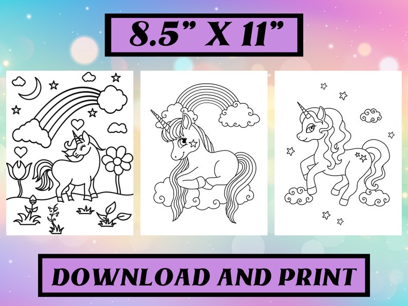 May include: Three black and white unicorn coloring pages. Each page features a different unicorn design with rainbows, clouds, and stars. The pages are 21.6 cm x 27.9 cm and the text "DOWNLOAD AND PRINT" is at the bottom.