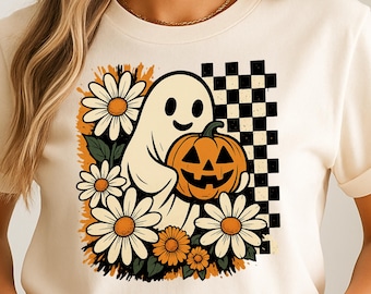 Floral Halloween Ghost Pumpkin Design, Retro Daisy Spooky Shirt (Digital Download)