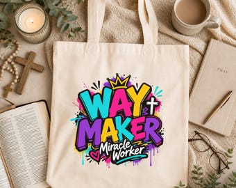 Way Maker Miracle Worker Christian Tote Bag, Colorful Faith Canvas Church Gift
