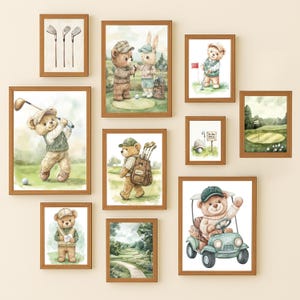 Vintage Golf Nursery Prints, Sage Green Teddy Bear Nursery Wall Art, Boy’s Room Decor, Nostalgic Sports-Themed Baby Prints, vintage golf