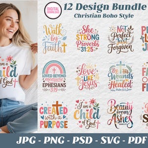 May include: A white t-shirt with the text "I am a Child of God" and a floral design. The image also displays a bundle of 12 Christian Boho Style designs with inspirational quotes and graphics, available as digital downloads.
