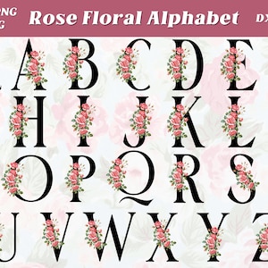 Alfabeto Floral Rosa, Alfabeto Floral SVG, Alfabeto Floral PNG, aquarela floral png, clipart floral aquarela, monograma de letras florais