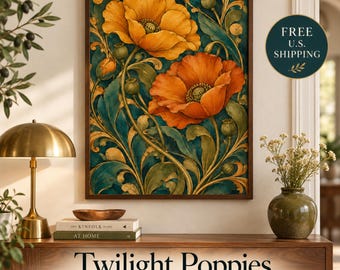 Twilight Poppies art print, moody floral decor