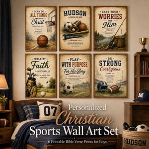 May include: A set of six framed Christian sports-themed wall art prints. Each print features a different sport, such as basketball, football, and golf, with inspirational Bible verses. The set is designed for boys and includes the text "Personalized Christian Sports Wall Art Set".