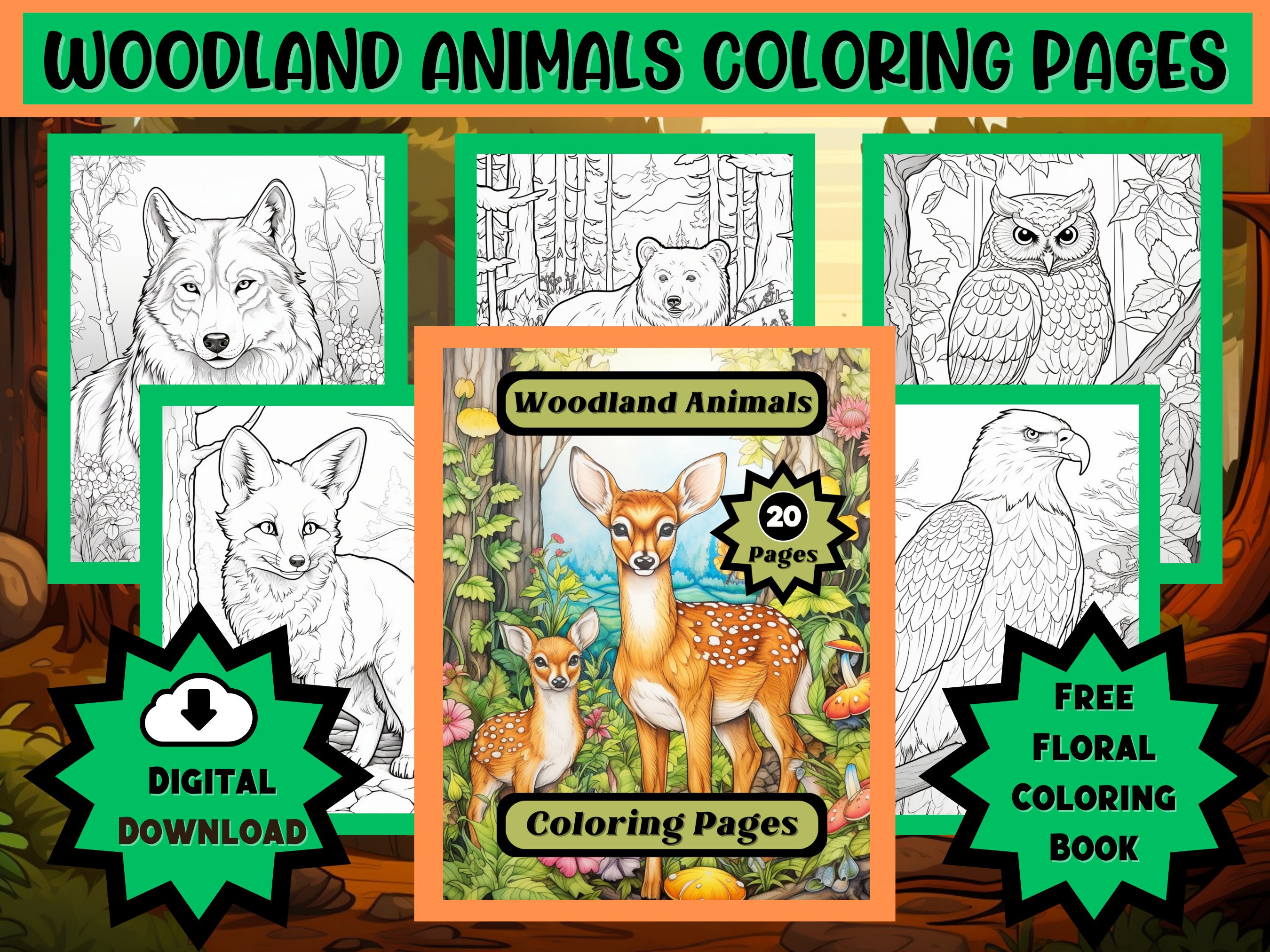 Free Watercolor Adult Coloring Book Printable Sheets - Woodland Forest  Animals Part 1 (Fox, Bear, Squirrel, Badger)