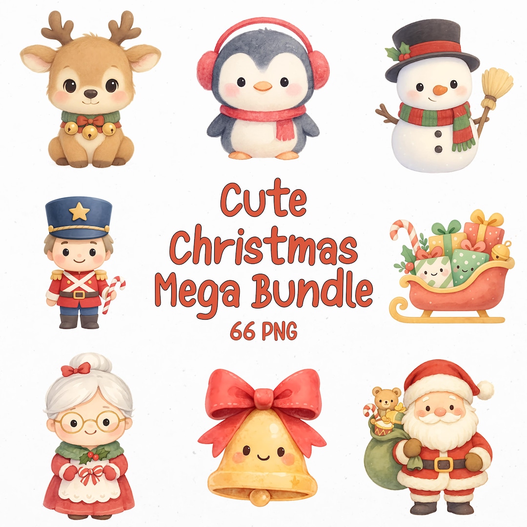 Cute Christmas Mega Bundle – 66 Png Clipart | Kawaii Santa, Reindeer ...