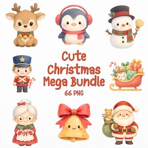 Söt jul Mega Bundle – 66 png Clipart | Kawaii jultomte, ren, pingvin, snögubbe | Klistermärken, sublimering, Cricut och Canva