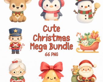 May include: A collection of cute Christmas-themed illustrations. The image features a reindeer, penguin, snowman, toy soldier, Santa Claus, Mrs. Claus, a sleigh filled with gifts, and a golden bell with a red bow. The text "Cute Christmas Mega Bundle" is also included.