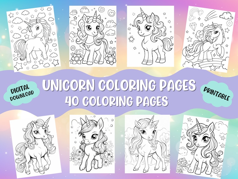 May include: Eight printable unicorn colouring pages are shown. Each page features a different unicorn design, with various poses and backgrounds. The text "Unicorn Colouring Pages" and "40 Colouring Pages" is displayed, along with "Digital Download" and "Printable".