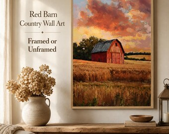 Red Barn Wall Art, Rustic Farmhouse Country Landscape Print, Framed or Unframed