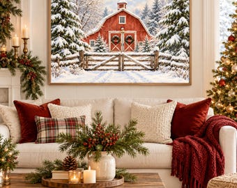 Watercolor Christmas Barn Wall Art, Snowy Farmhouse Scene, Rustic Winter Landscape Poster