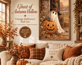 Autumn Ghost Halloween Wall Art, Witch Hat Spirit, Jack O Lantern, Rustic Farmhouse Decor