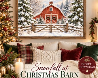 Christmas Farmhouse Winter Landscape, Country Barn Poster, Snowy Evergreen Scene, Printable Decor