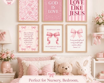 Pink Christian Wall Art Set of 6 – Scripture Prints for Girls Room & Nursery, Coquette Bow Bible Verse Decor, Instant Download