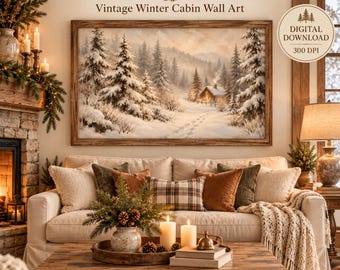 Cabin in the Pines Digital Wall Art, Snowy Forest Landscape, Cozy Winter Printable