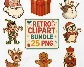 May include: A collection of retro Christmas clipart stickers featuring Santa Claus, a gift box, a snowman, an elf, a penguin, a reindeer, a gingerbread man, and a nutcracker. The stickers have a vintage aesthetic with the text "RETRO CLIPART BUNDLE 25 PNG".