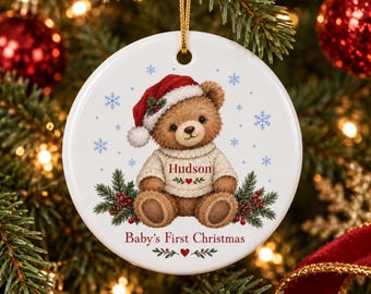 Baby's First Christmas Bear Ornament, Personalized Name, Newborn Keepsake, Holiday Tree Decor