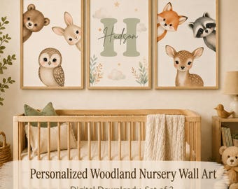 Personalized Woodland Nursery Wall Art Set of 3, Custom Baby Name Forest Animal Printables