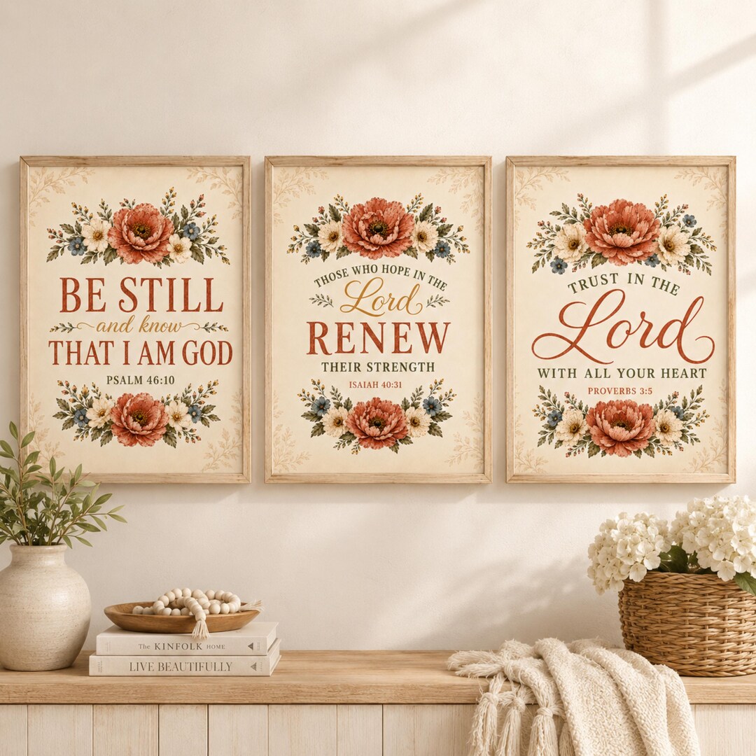 Christian Bible Verse Wall Art Set of 3, Vintage Floral Printable Decor ...