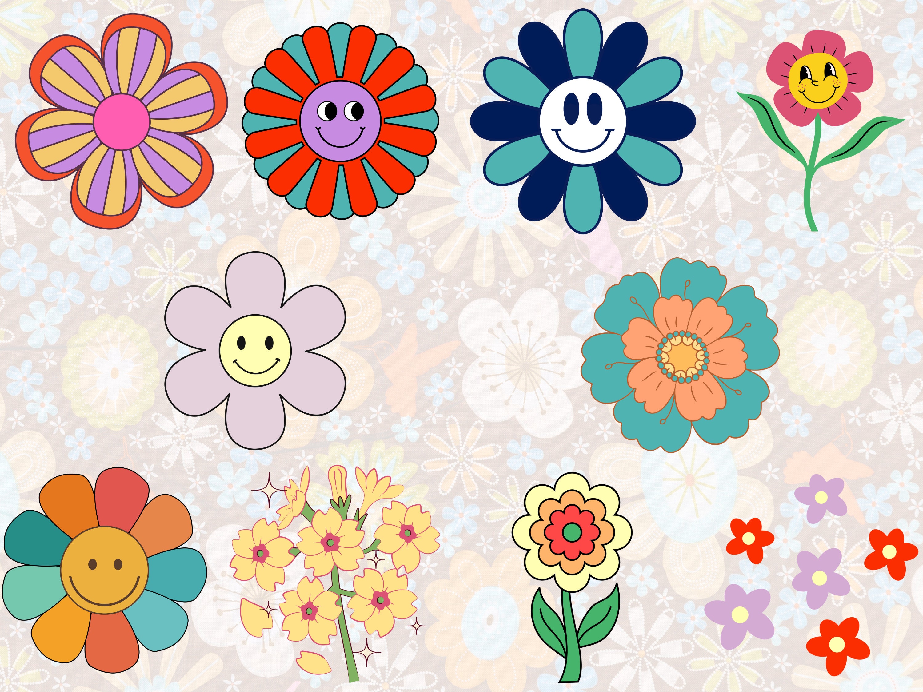 Retro Flower SVG Bundle: Groovy Smiley Face Designs (digital Download ...