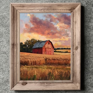 Red Barn Sunset Print: Vintage Farmhouse Landscape (Digital Download)
