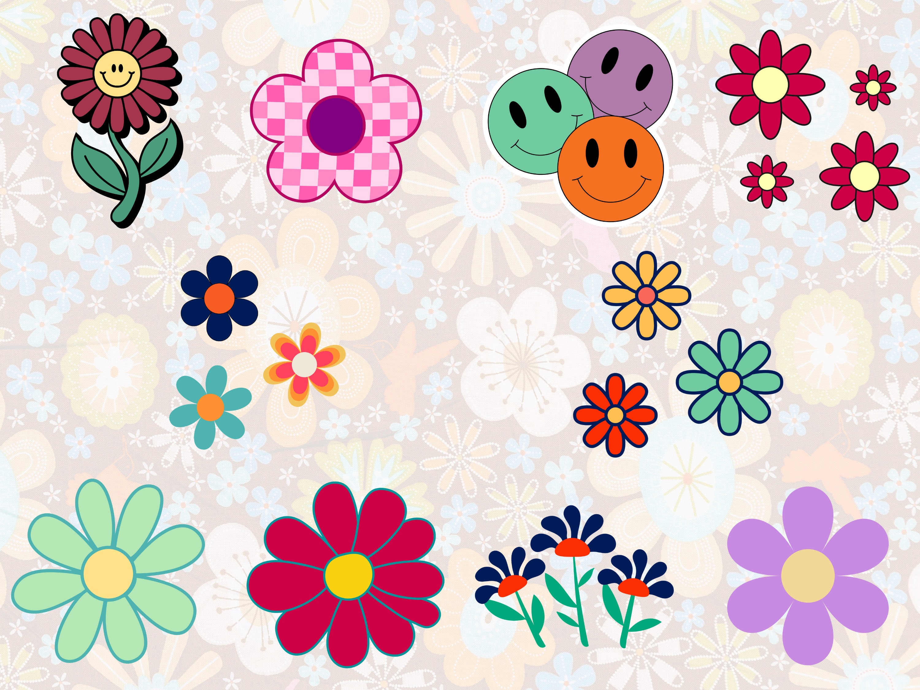 Retro Flower SVG Bundle: Groovy Smiley Face Designs (digital Download ...