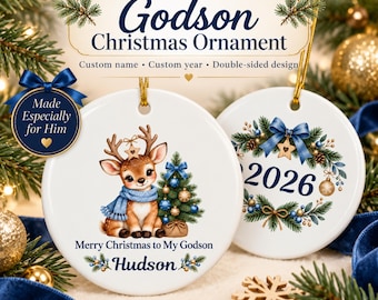 Personalized Godson Christmas Ornament, Custom Name Keepsake, Reindeer Tree Decoration