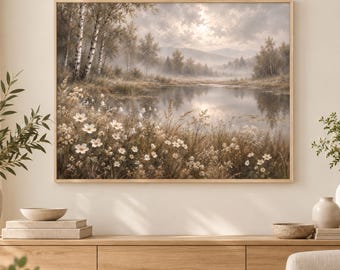 Mountain lake art print, neutral landscape wall decor